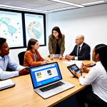 ** Diverse team brainstorming session. Focus on open communication, with digital tools displaying global connectivity. Depict a modern office space with varied ethnicities, ages, and skill sets actively engaged in collaborative problem-solving.

**
