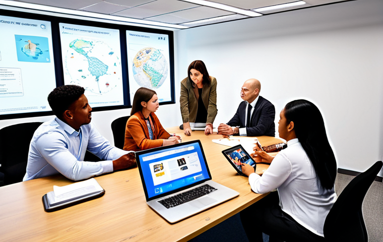 ** Diverse team brainstorming session. Focus on open communication, with digital tools displaying global connectivity. Depict a modern office space with varied ethnicities, ages, and skill sets actively engaged in collaborative problem-solving.

**