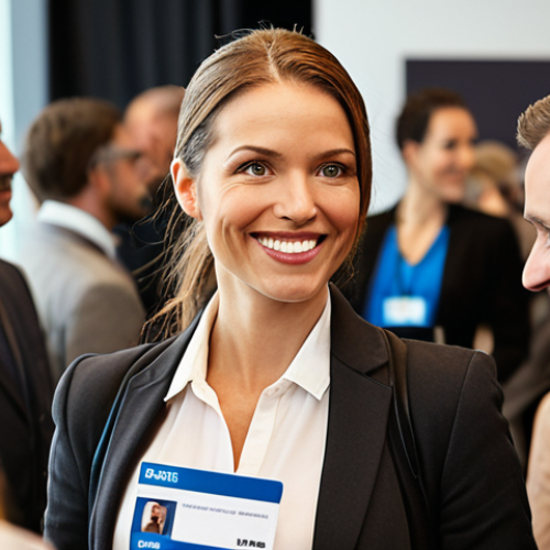**Image Prompt:** A modern professional with a confident smile, actively participating in a bustling industry conference. Focus on clear communication, making eye contact, and exchanging business cards. The background should feature recognizable company logos and diverse attendees. The image should convey a sense of opportunity and connection. Keywords: networking, conference, professional, communication, opportunities.
