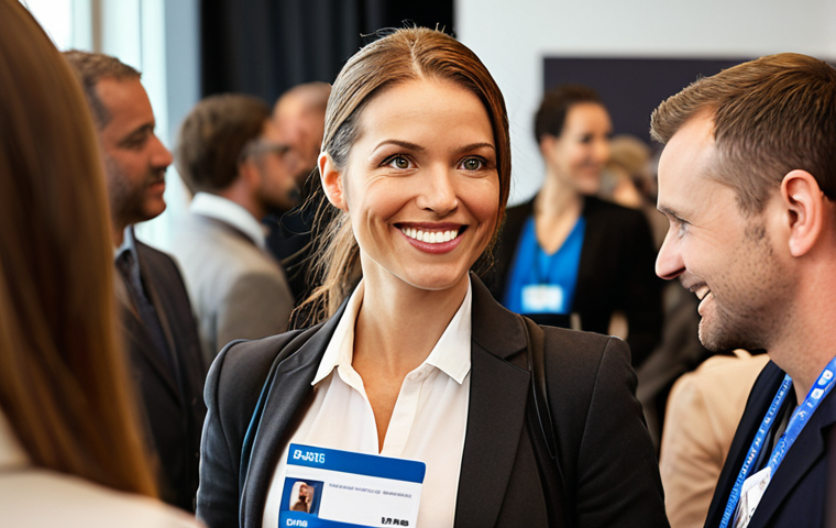 **Image Prompt:** A modern professional with a confident smile, actively participating in a bustling industry conference. Focus on clear communication, making eye contact, and exchanging business cards. The background should feature recognizable company logos and diverse attendees. The image should convey a sense of opportunity and connection. Keywords: networking, conference, professional, communication, opportunities.