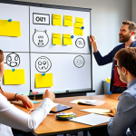 ** A brainstorming session with diverse team members actively engaged in idea generation. Focus on visual elements representing innovation, collaboration, and a dynamic, modern office environment. Include sticky notes with ideas, whiteboards with diagrams, and digital devices being used. The overall mood should be energetic and optimistic.

**