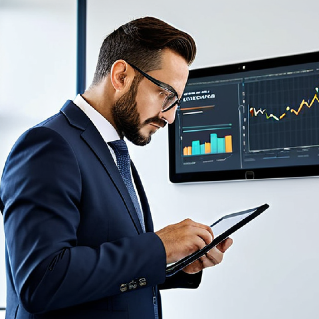 Industry Insights**
A professional consultant, fully clothed in a modest business suit, analyzing industry reports on a digital tablet in a modern office setting. The background includes charts, graphs, and a whiteboard with strategic planning notes. Focus on conveying expertise and data-driven decision-making. Safe for work, appropriate content, perfect anatomy, natural pose, high quality, professional dress.
**