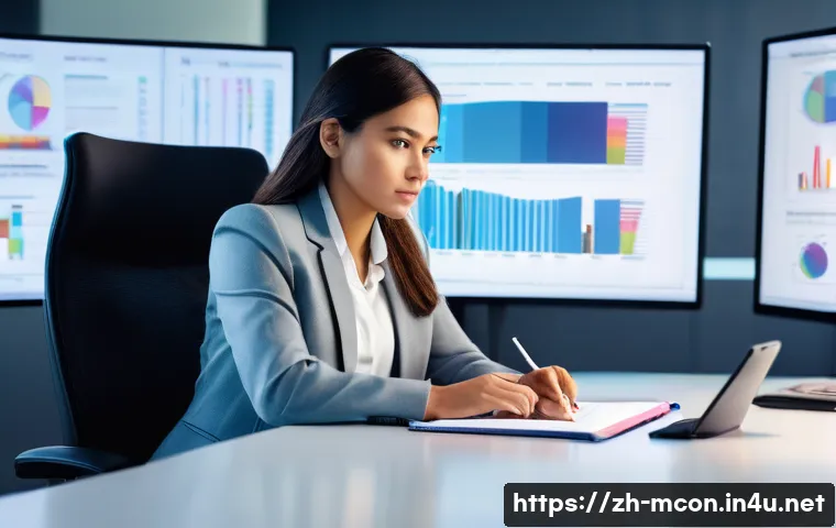 컨설팅 회사의 내부 구조와 조직 문화 - **Prompt:** A young, diverse female analyst, around 25-30 years old, with a focused expression, sits...