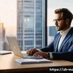 경영컨설턴트의 스트레스 관리 - **Prompt:** A modern professional consultant, looking serene and in control, gently closes a sleek l...